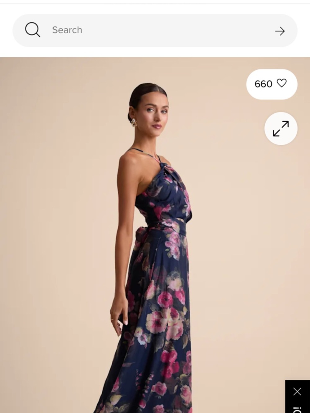 Lulu's Navy One-Shoulder Floral Evening Gown with Pink Accents - Picture 2 of 5